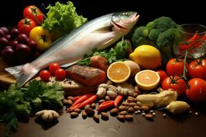 AI generated Composition with fresh raw fish, vegetables and spices on dark background, A healthy food background showcasing fresh vegetables, fish, fruits, and nuts, AI Generated photo