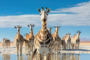 ai generado jirafas a salar Delaware uyuni, bolivia, un manada de jirafas y cebras en etosha nacional parque, Namibia, crea un pintoresco escena, ai generado foto