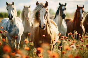 ai generado hermosa caballos en el campo de amapolas caballos en el campo de amapolas, un manada de caballos en pie en un floral prado, ai generado foto