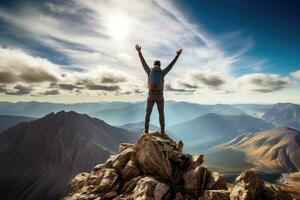 AI generated Hiker standing on the top of a mountain and raising his hands up, A hiker celebrating success on the summit of a mountain, hands raised high, AI Generated photo