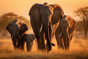 ai generado elefantes en el sabana a puesta de sol en Kenia, África, un manada de elefantes caminando a través de un seco césped campo a puesta de sol con el Dom ajuste en el fondo, ai generado foto