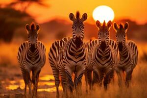 AI generated Group of zebras at sunset in Chobe National Park, Botswana, Africa, A herd of zebras in the savannah during the sunset, AI Generated photo