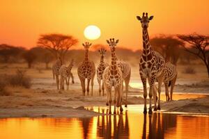 AI generated Group of Giraffes at sunset in Etosha National Park, Namibia, A herd of giraffes and zebras in Etosha National Park, Namibia, creates a picturesque scene, AI Generated photo