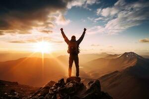AI generated Hiker with raised hands standing on top of a mountain and enjoying sunrise, A hiker celebrating success on the summit of a mountain, hands raised high, AI Generated photo