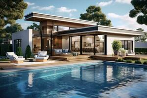 AI generated 3d rendering of modern cozy house with pool and parking for sale or rent, 3D rendering portraying a modern house terrace with a swimming pool, AI Generated photo