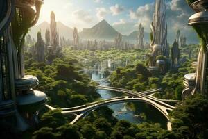 AI generated 3D rendering of a fantasy city with a river and a bridge, A futuristic metropolis nestled in a lush jungle, showcasing harmony between nature and technology, AI Generated photo