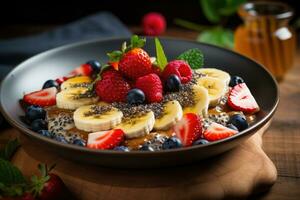 AI generated Pancake with banana, chia seeds and berries on wooden background, A healthy breakfast featuring fresh berries, banana, chia seeds, and honey, AI Generated photo