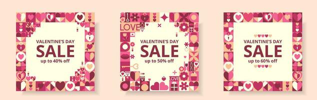 Set cards of abstract geometric shapes and text SALE for offer. Creative concept of Happy Valentines Day. Background of icons with symbol of love. Trendy design for advertising, sales, branding. vector