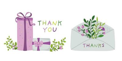 Set for the design of birthday greeting cards. Hand-drawn icons of flowers, gift box tied with a ribbon and envelope. Vector isolated colorful elements.