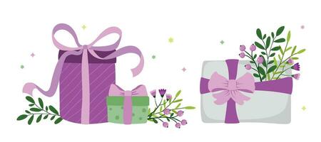 Set gift boxes with flower bouquets hand drawn. Vector decorative elements for the design of printed products and textiles.