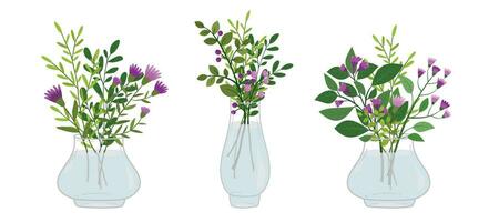 A hand drawn set of bouquets of flowers in a glass vase on a white background. Vector element for the design of greeting cards