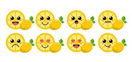 Set of cute cartoon colorful lemon slice with different emotions. Funny emotions character collection for kids. Fantasy characters. Vector illustrations, cartoon flat style