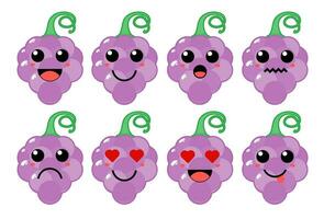 Set of cute cartoon colorful grape fruit with different emotions. Funny emotions character collection for kids. Fantasy characters. Vector illustrations, cartoon flat style