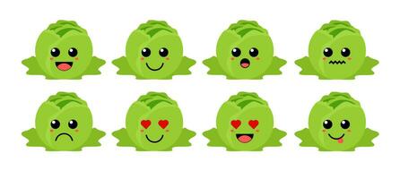 Set of cute cartoon colorful cabbage with different emotions. Funny emotions character collection for kids. Fantasy characters. Vector illustrations, cartoon flat style