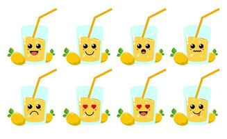 Set of cute cartoon colorful lemon juice with different emotions. Funny emotions character collection for kids. Fantasy characters. Vector illustrations, cartoon flat style