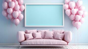 AI generated Heart balloons pink couch ai generated frame mockup living room photo