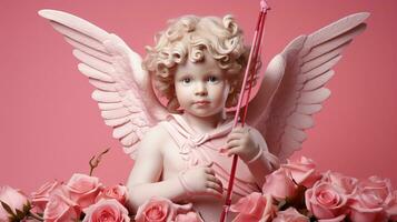 AI generated Curly hair cupid doll with bow and arrow ai generated background image photo