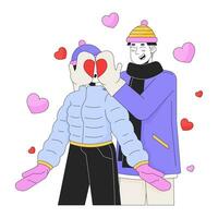 Boyfriend covering girlfriend eyes guess who line cartoon flat illustration. Cold weather asian couple 2D lineart characters isolated on white background. Romantic winter scene vector color image