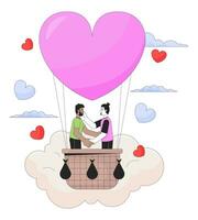 Romantic hot air balloon ride 2D linear illustration concept. Interracial gay couple cartoon characters isolated on white. Celebrating special day metaphor abstract flat vector outline graphic