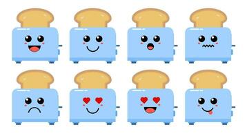 Set of cute cartoon colorful bread toaster with different emotions. Funny emotions character collection for kids. Fantasy characters. Vector illustrations, cartoon flat style.