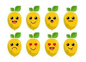 Set of cute cartoon colorful yellow lemon fruit with different emotions. Funny emotions character collection for kids. Fantasy characters. Vector illustrations, cartoon flat style