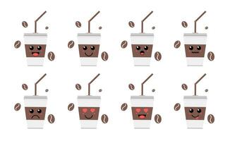 Set of cute cartoon colorful coffee cup with different emotions. Funny emotions character collection for kids. Fantasy characters. Vector illustrations, cartoon flat style