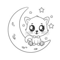 Cute cat is sitting on the moon alone for coloring vector