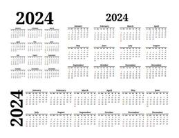 Set of three calendars for 2024 in different forms isolated on a white background. Sunday to Monday, business template. Vector illustration