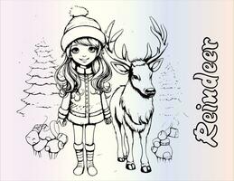 Christmas Girl And Reindeer Coloring Pages Drawing For Kids vector