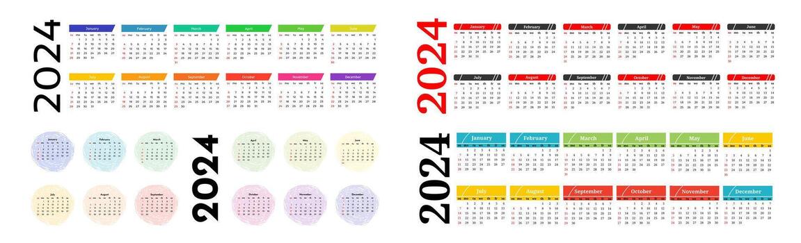 Set of four horizontal calendars for 2024 isolated on a white background. Sunday to Monday, business template. Vector illustration