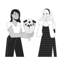 Woman giving bouquet to crush black and white cartoon flat illustration. Interracial couple lesbian 2D lineart characters isolated. Valentines gift. Romantic monochrome scene vector outline image