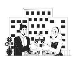 Heterosexual couple on date night restaurant black and white cartoon flat illustration. Champagne clinking caucasian 2D lineart characters isolated. Valentines monochrome scene vector outline image