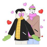 Gay man covering boyfriend eyes surprise line cartoon flat illustration. Cold weather homosexual couple 2D lineart characters isolated on white background. Romantic winter scene vector color image