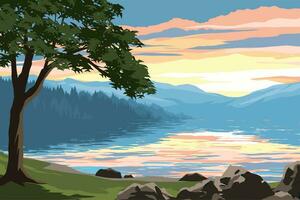 lago puesta de sol paisaje con un árbol vector