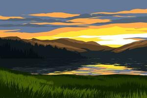 Lake and mountains at sunset. Vector nature landscape