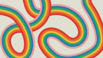 Rainbow colored stripes on beige background. Abstract vector hand drawn design with copy space. Trendy groovy panoramic banner template. Hippie backdrop in retro 60-70s style