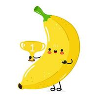 Cute funny Banana hold gold trophy cup. Vector hand drawn cartoon kawaii character illustration icon. Isolated on white background. Banana with winner trophy cup