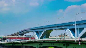 A timelapse of traffic jam at the highway and railway in Tokyo panning video