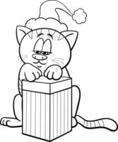 cartoon cat with gift on Christmas time coloring page vector