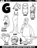 Letter G set with cartoon objects and characters coloring page vector