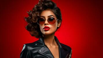 AI generated Photo portrait of Cool woman with sunglasses and black jacket on red background AI Generated
