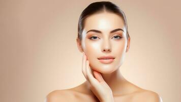 AI generated beautiful Skincare woman face with clean purity skin isolated on beige background. AI Generated photo
