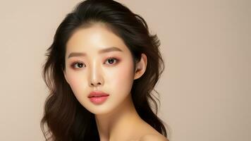 AI generated Portrait of beauty Asian or Korean girl with perfect skin. Skincare or cosmetic model.AI Generated photo