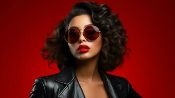 AI generated Photo portrait of Cool woman with sunglasses and black jacket on red background AI Generated