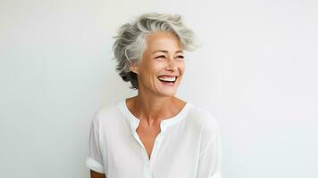 ai generado Años 50 medio Envejecido mayor mayor modelo mujer con gris pelo sonriente blanco antecedentes. ai generado foto