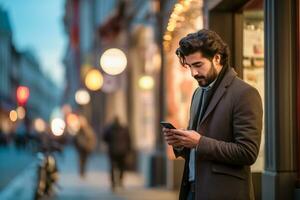 ai generado foto hermoso hombre utilizando teléfono inteligente y sonriendo.ai generado