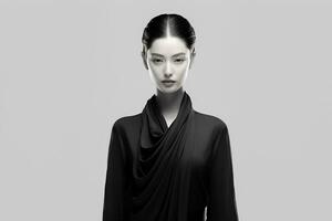 AI generated Fashion art portrait of beautiful Chinese woman with abstract black and white clothes. AI Generated photo