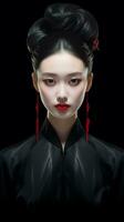 ai generado Moda Arte retrato de hermosa chino mujer con resumen negro y blanco ropa. ai generado foto