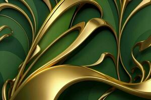 AI generated 3d rendering luxury green and golden abstract background. Pro Photo