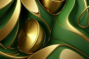 AI generated 3d rendering luxury green and golden abstract background. Pro Photo